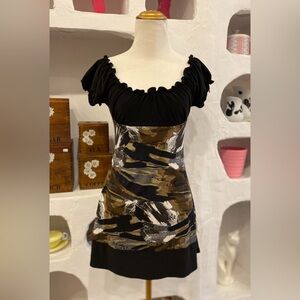 Y2K Vintage Black & Camo Print Babydoll Mini Dress with Ruched Neckline
